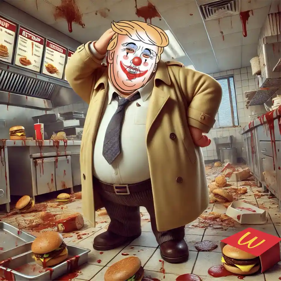 A digitally altered image shows a cartoonish figure resembling Donald Trump with a clown face, standing in a…