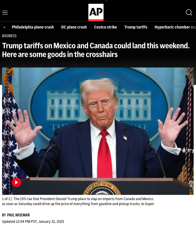 A screenshot of an Associated Press news article shows Donald Trump at a podium with his hands raised, behind him is a blue…