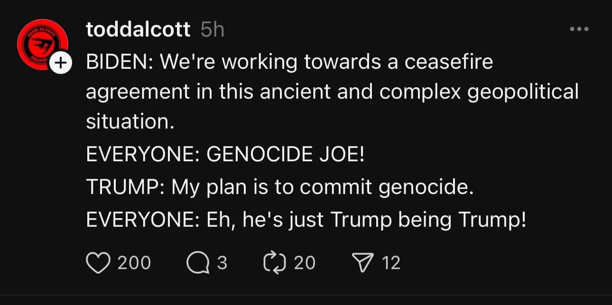 A screenshot of a social media post showing a text-based meme comparing reactions to Biden and Trump. The text reads…