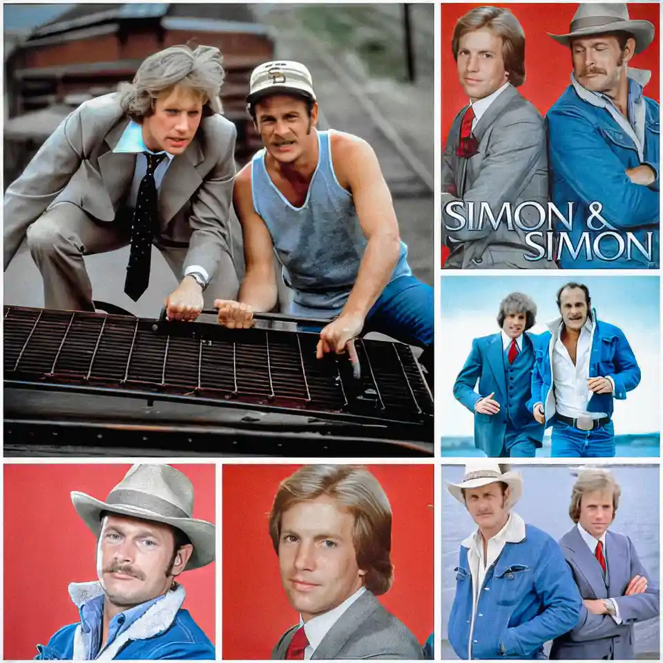 A collage of six promotional photos from the 1970s TV show 'Simon & Simon,' featuring the two lead actors in various outfits…