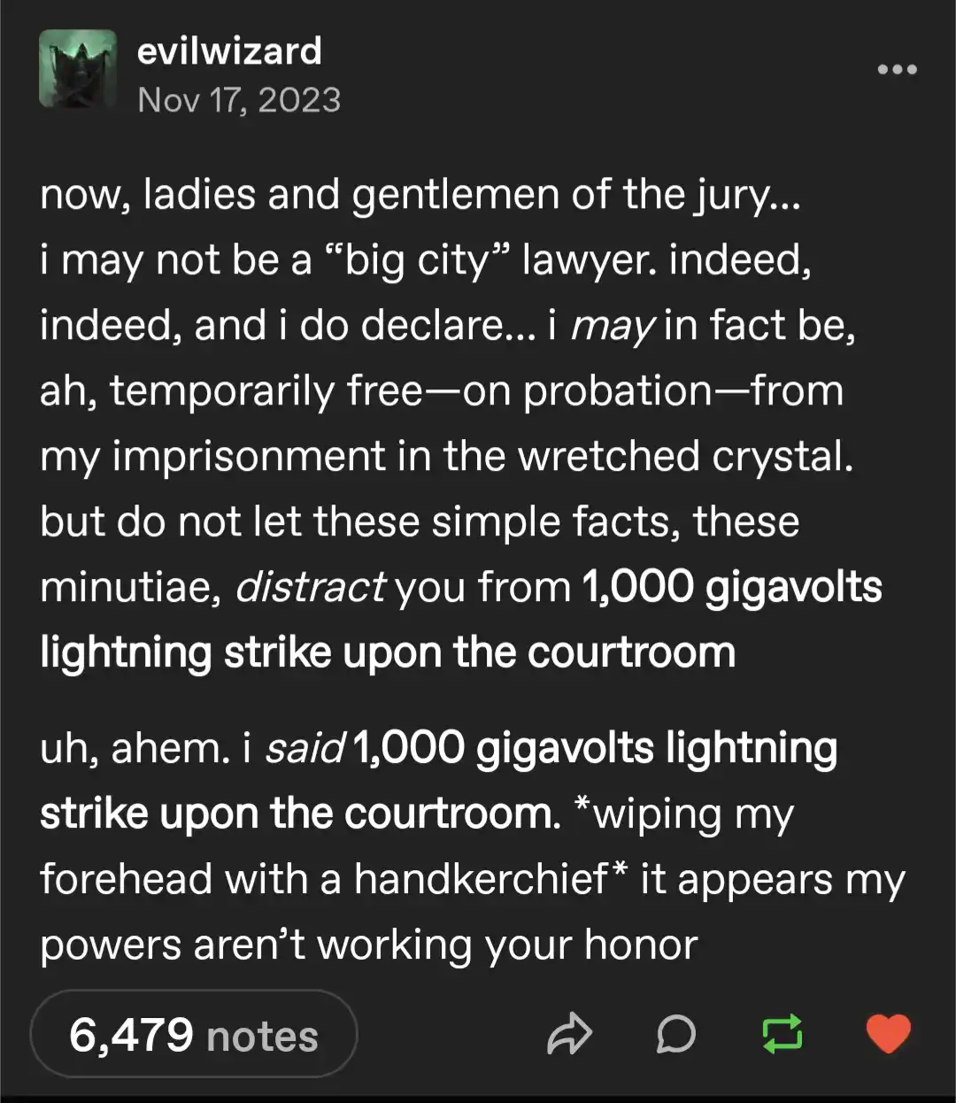 A screenshot of a Tumblr post by 'evilwizard' dated Nov 17, 2023, showing white text on a dark background. The text is a…