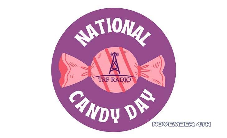 A purple circular graphic resembling a candy wrapper with the text 'NATIONAL CANDY DAY' arched across the top and bottom…