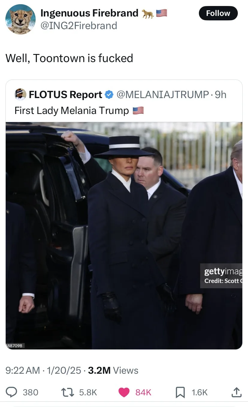 A screenshot of a tweet from 'Ingenuous Firebrand' shows a photo of Melania Trump in a dark coat and wide-brimmed hat…