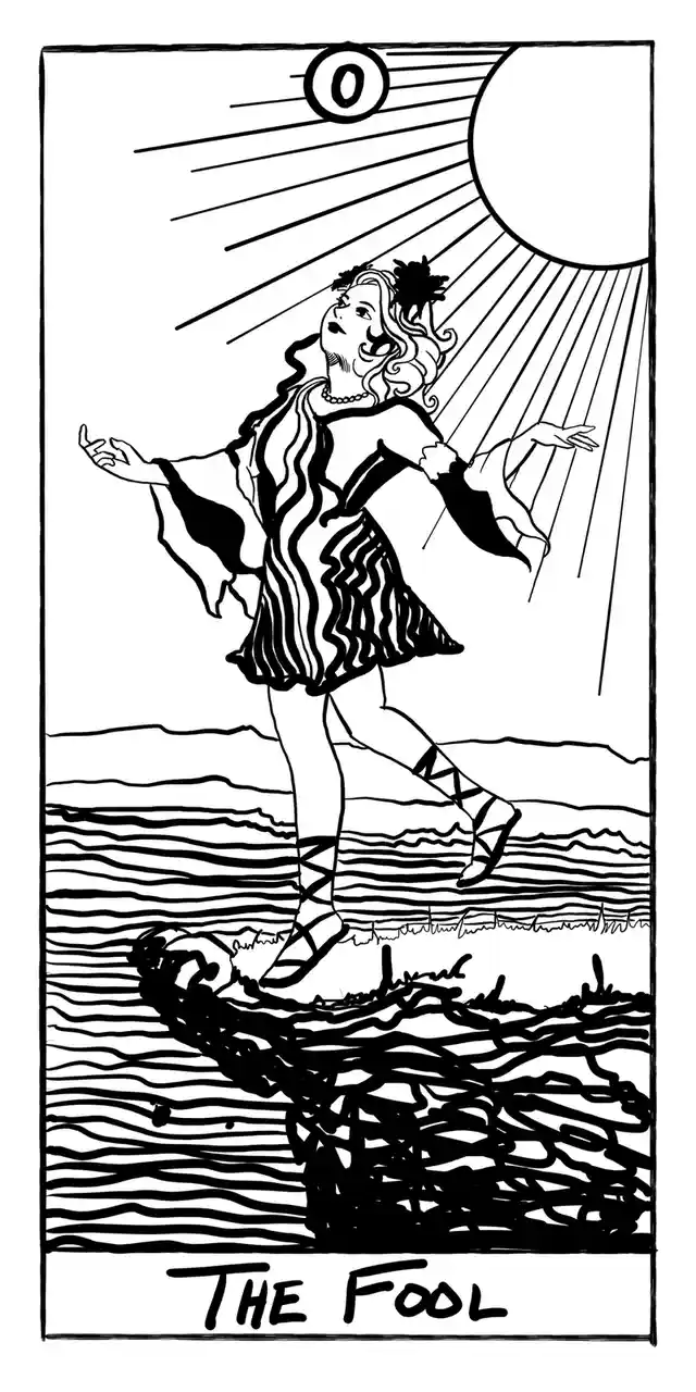 A black-and-white line drawing depicts a joyful, carefree figure with flowing hair and a fringed dress, dancing on a cliff…