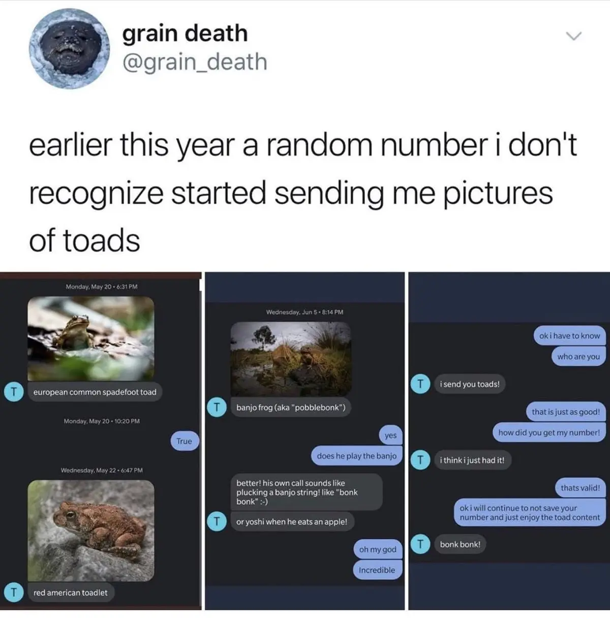 A screenshot of a Twitter post by 'grain death' showing three screenshots of a text conversation. The sender, labeled 'T'…