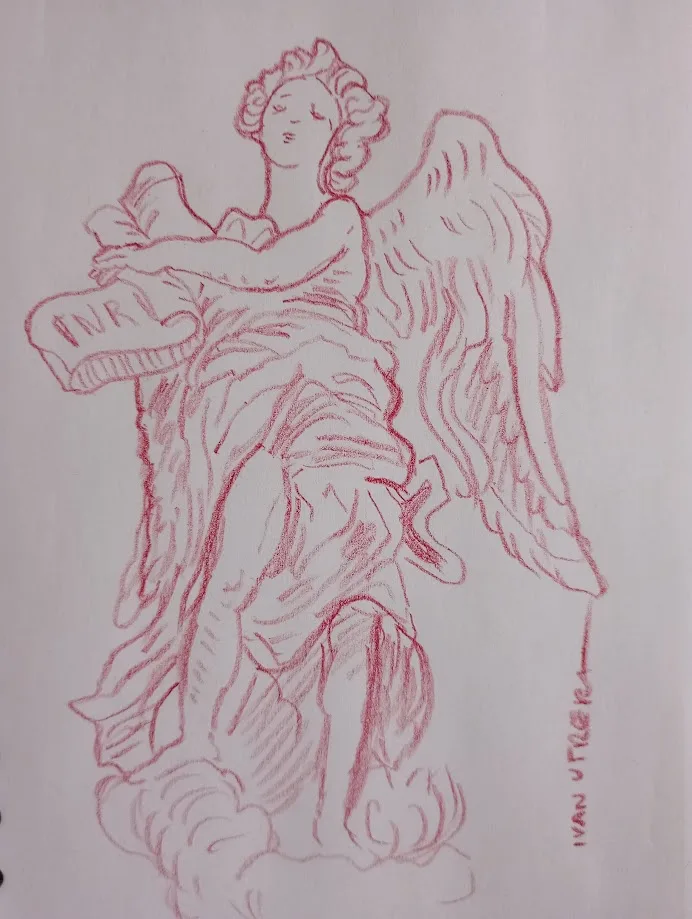 A red pencil sketch of a classical angel statue with wings, holding a scroll that reads 'ANGELS ARE REAL'. The artist's…