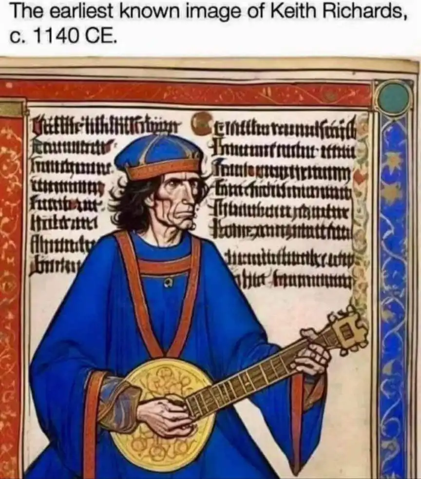 An image of a medieval manuscript illustration shows a man in a blue robe and crown holding a lute-like instrument. The…