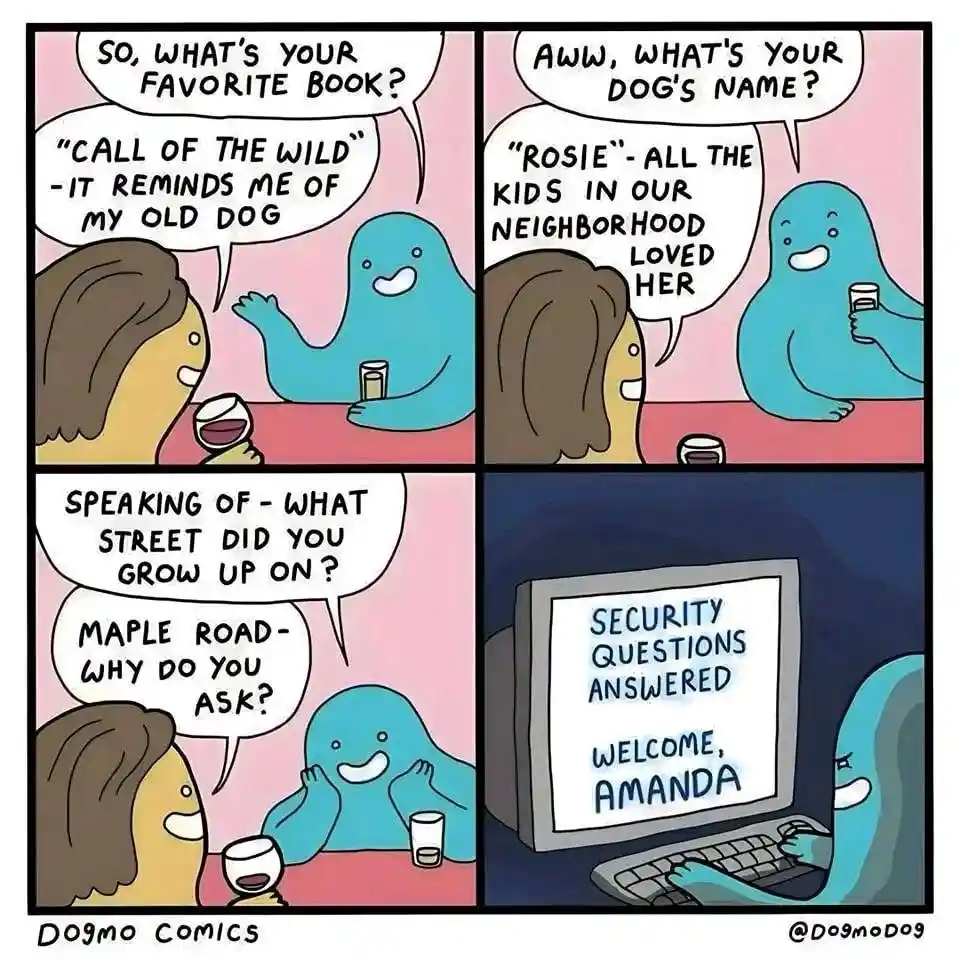 A four-panel comic shows a blue blob character answering personal questions from a human woman at a bar, culminating in the…