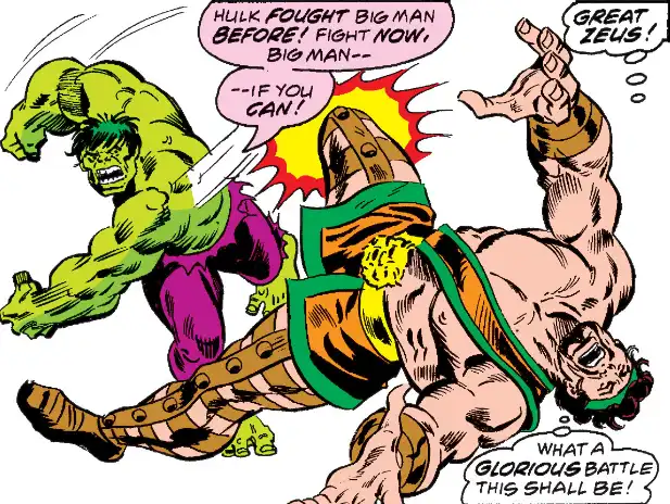 A comic book panel shows the Hulk kicking a large, muscular man in the face, sending him flying backward. The Hulk's speech…