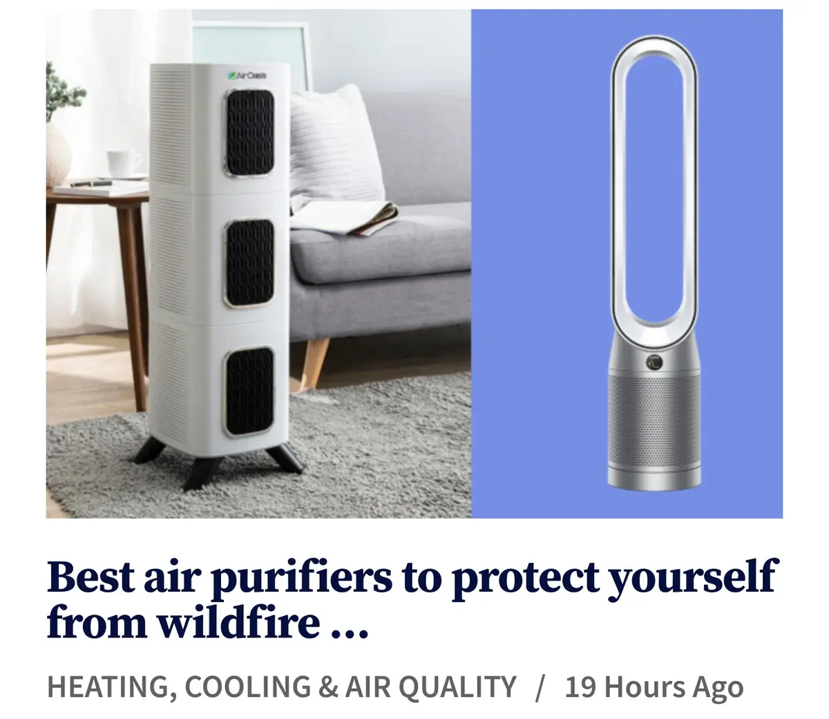 The image displays two air purifiers side-by-side: a white, tower-style unit with three black filter panels in a living room…
