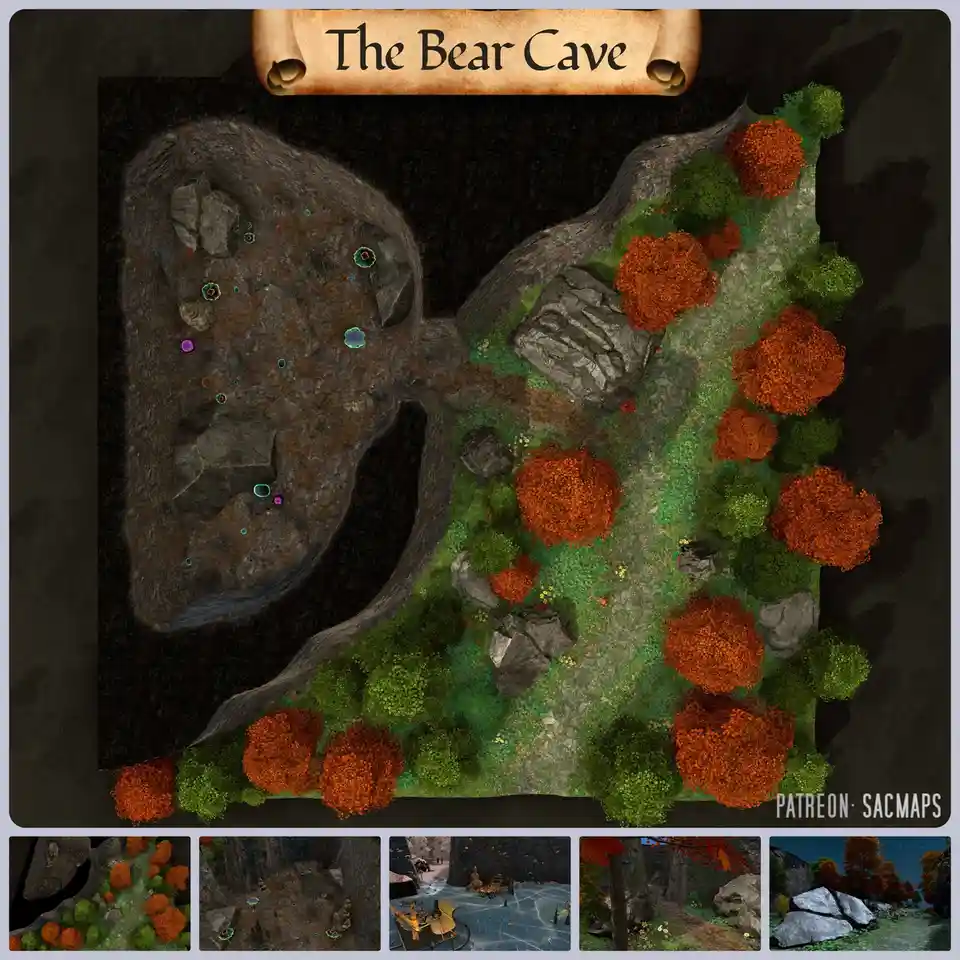 An overhead fantasy map titled 'The Bear Cave' shows a dark cave entrance leading into a rocky cavern with glowing magical…