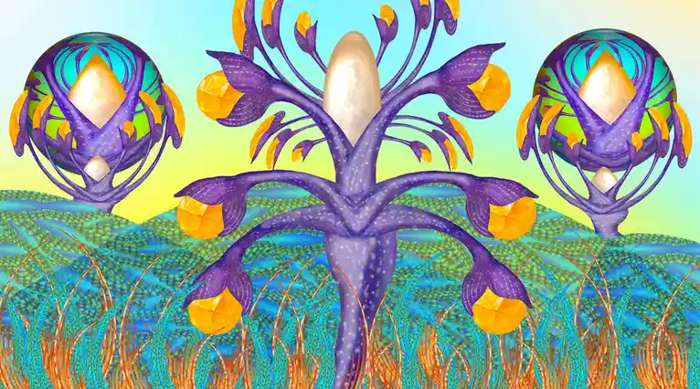 A surreal, symmetrical digital artwork depicts three alien-like plants with purple, vine-like stems and glowing…