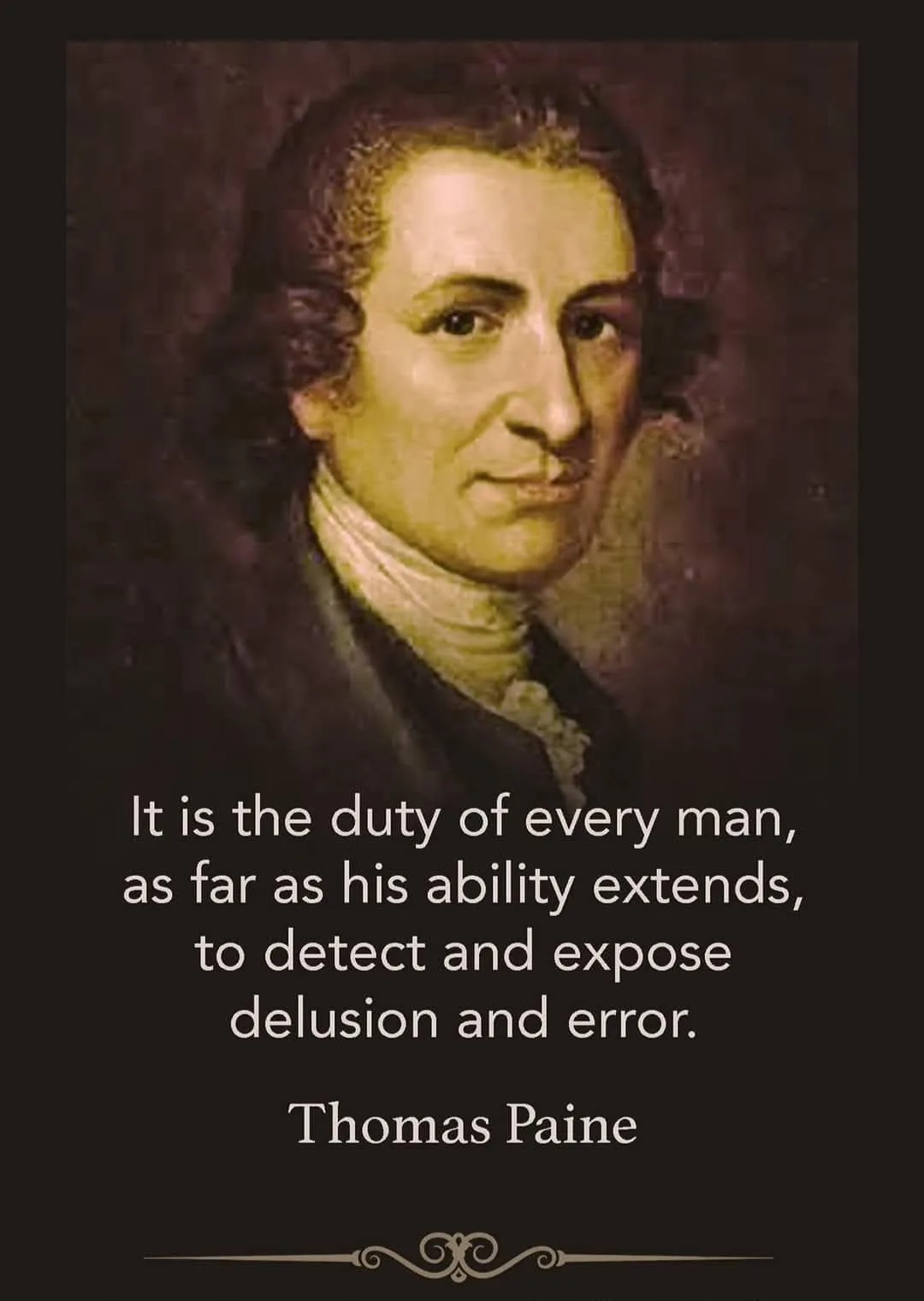 A portrait of Thomas Paine, a historical figure from the 18th century, is shown with a dark background and a white cravat…