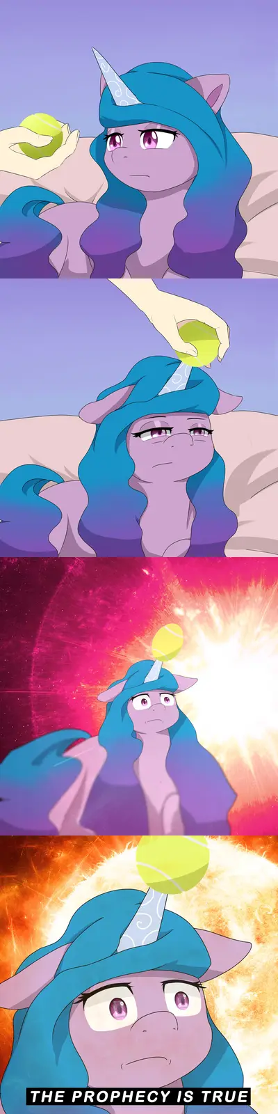 A three-panel comic shows a purple unicorn with blue hair holding a tennis ball, then having it placed on her horn, which…