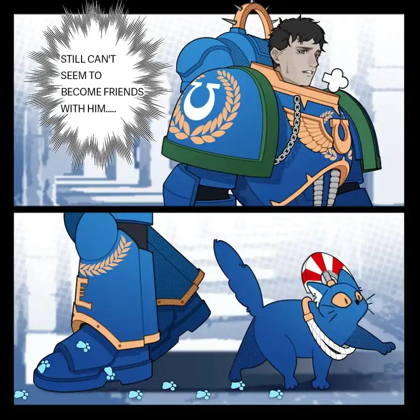 A two-panel comic shows a human in blue and gold armored space marine gear looking frustrated, with a speech bubble saying…