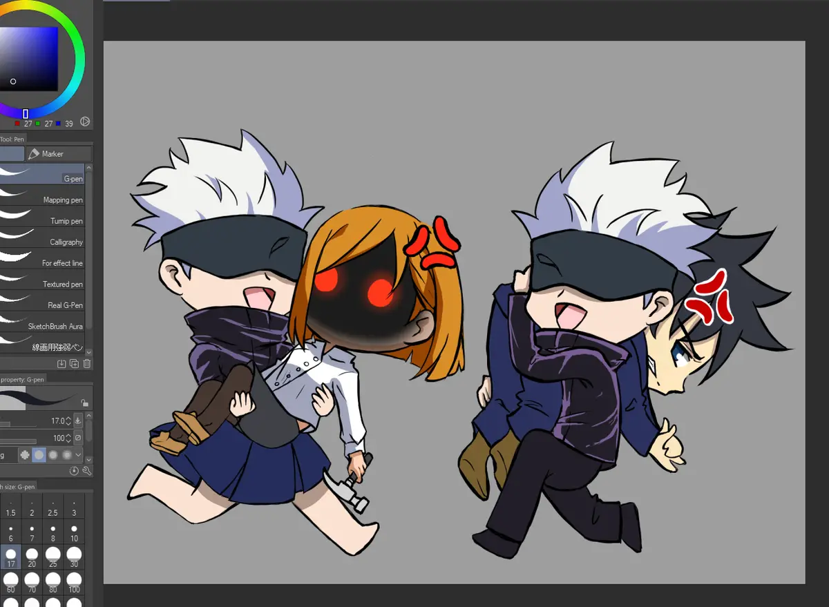 An anime-style digital drawing shows two chibi characters with blindfolds running away from a third character with glowing…