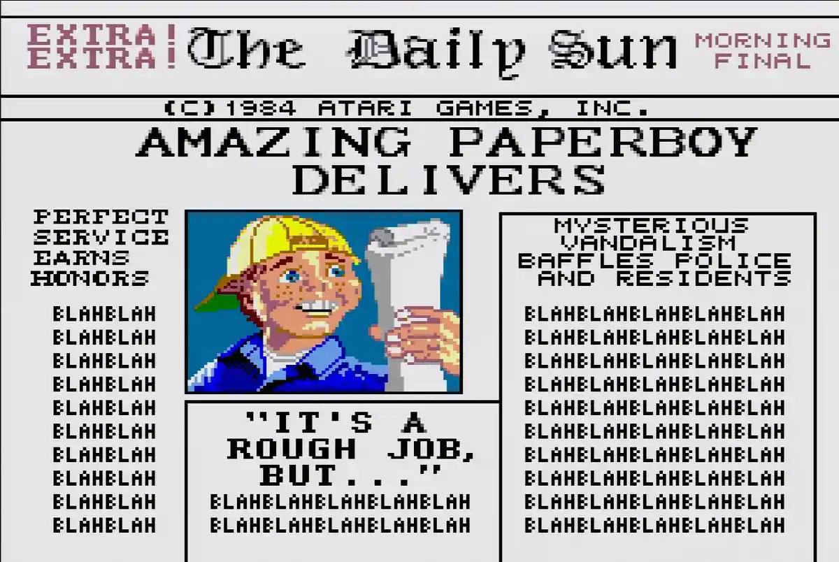 A pixelated newspaper front page from the 1984 Atari game 'Amazing Paperboy' with the headline 'AMAZING PAPERBOY DELIVERS'…