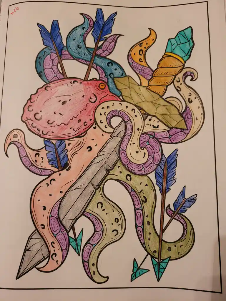 A colorful, hand-drawn illustration of a stylized octopus with multiple tentacles, some holding arrows and leaves, and…