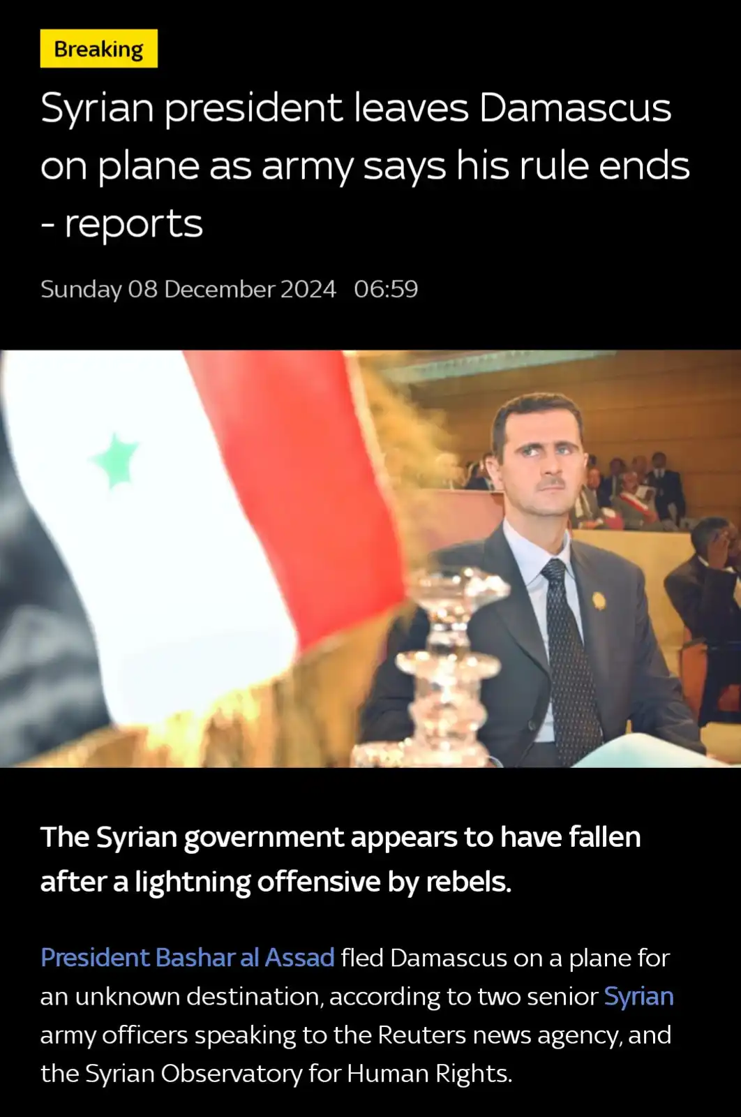 A news article screenshot shows a headline about the Syrian president fleeing Damascus, with a photo of Bashar al-Assad…