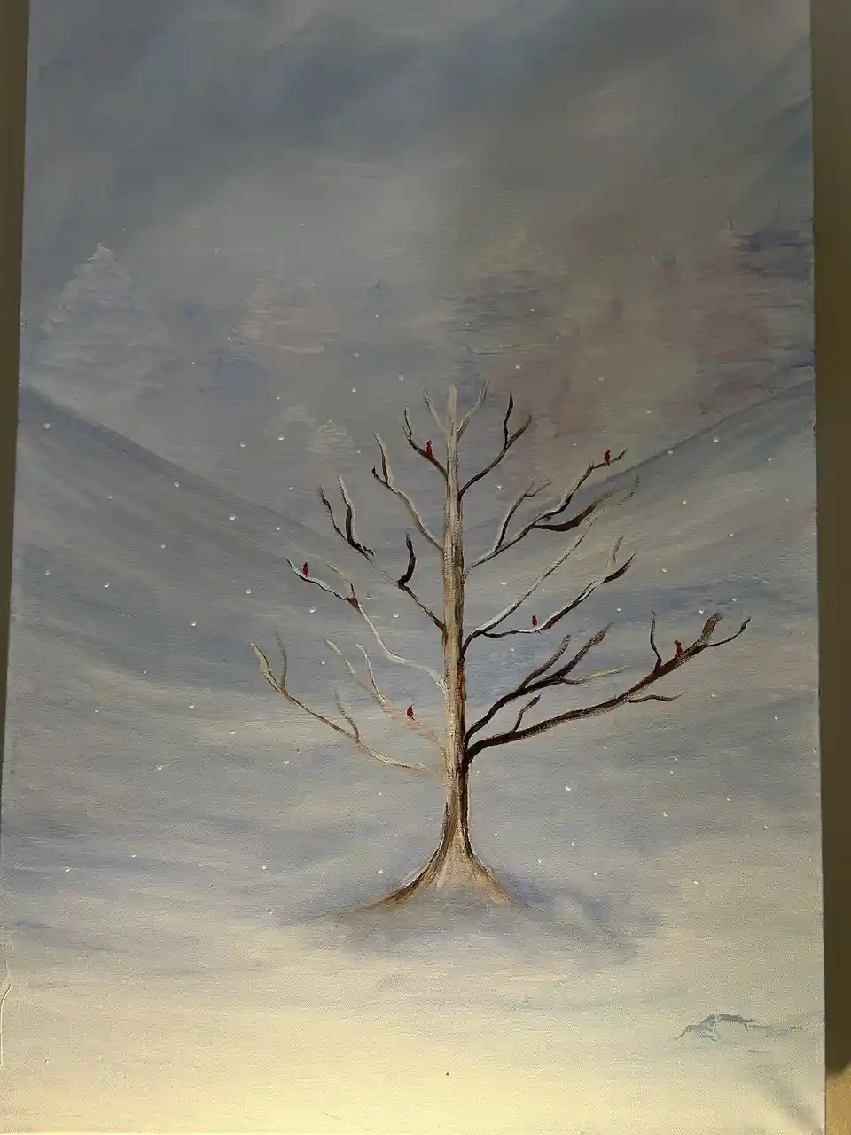 A painting depicts a solitary, bare tree standing in a snowy landscape under a gray sky, with small red birds perched on its…