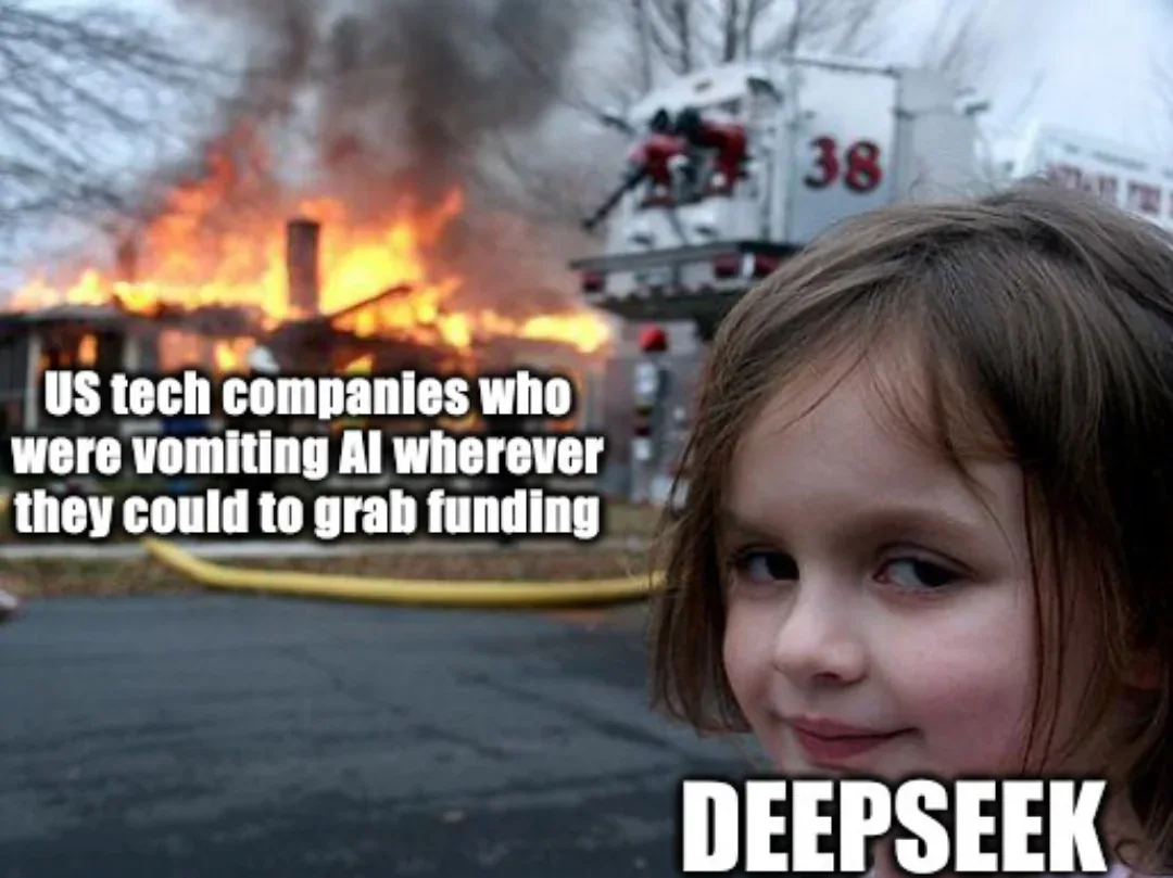 A young girl with a smug, self-satisfied expression is superimposed over a background showing a house engulfed in flames…