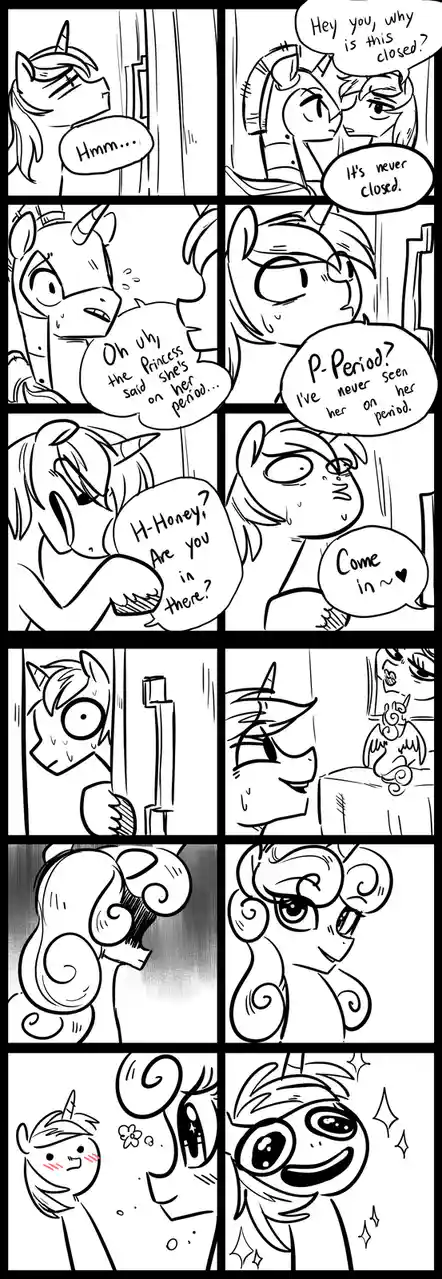 A black-and-white comic strip featuring cartoon ponies. One pony knocks on a door, confused why it's closed, and another…