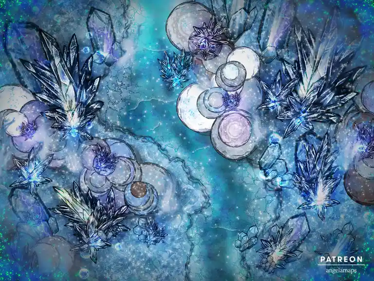 An artistic fantasy illustration depicts a glowing, crystalline landscape with various blue and purple ice-like crystals…
