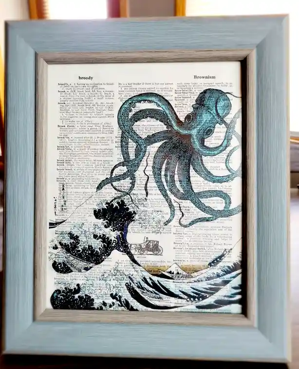A framed art piece features a large, stylized octopus illustration in teal and black, superimposed over a dictionary page…