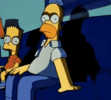 A six-frame sequence from The Simpsons shows Homer Simpson sitting in a theater seat next to Bart, his expression shifting…