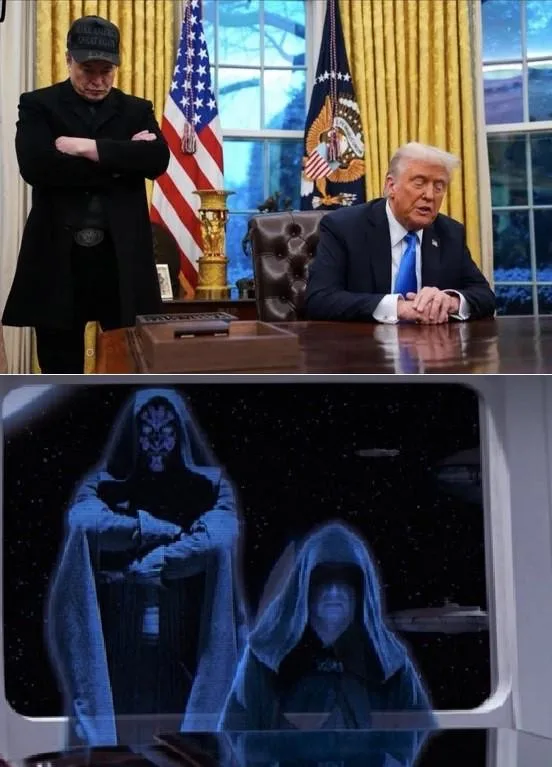 The top panel shows Donald Trump seated at the Oval Office desk, looking forward, while a man in a black coat and cap stands…