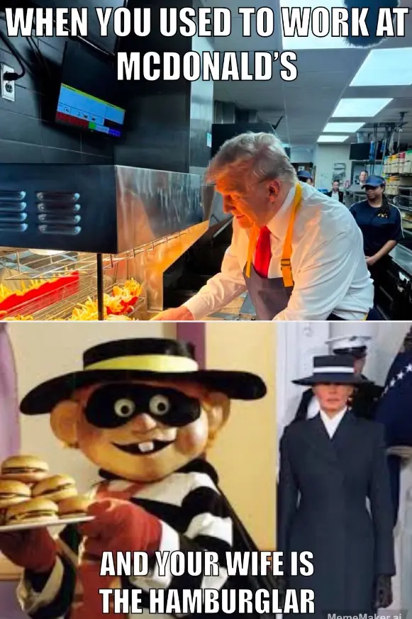 The top panel shows Donald Trump in a McDonald's kitchen wearing an apron and red tie, reaching for fries. The bottom panel…