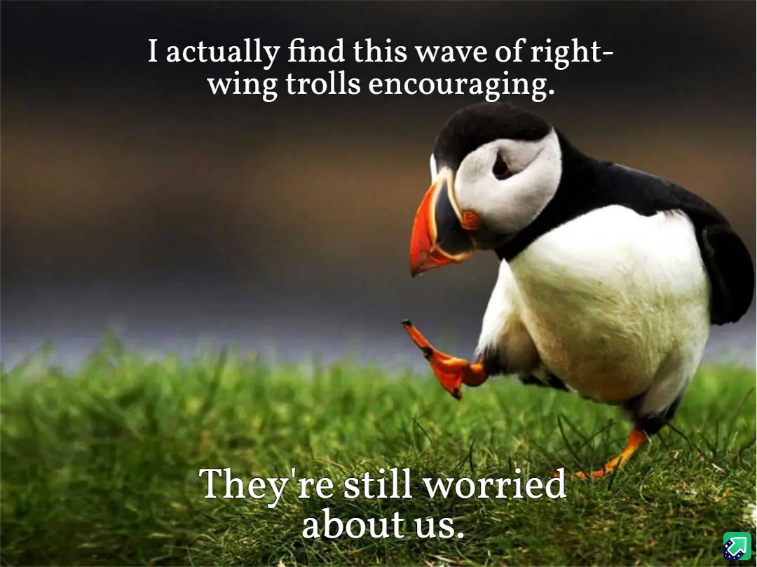A puffin stands on green grass, looking down with one foot lifted, as if in thought or mild annoyance. White text overlaid…