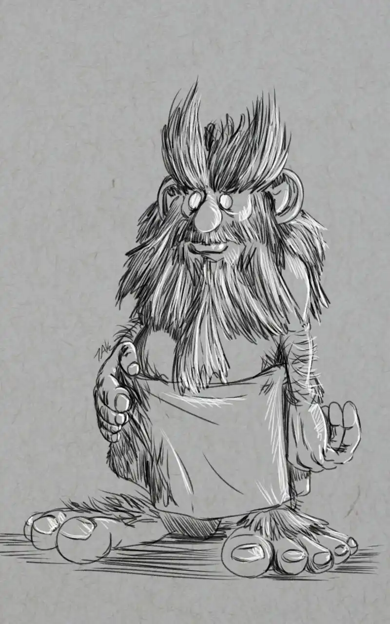 A black-and-white sketch depicts a furry, humanoid creature with wild hair, a beard, and large ears, sitting cross-legged on…