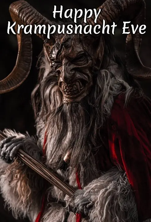 A menacing figure with large curved horns, a grotesque demonic face, long shaggy gray beard, and red robe holds a staff…