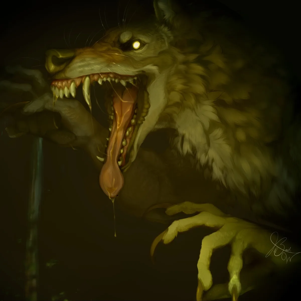A digitally rendered, menacing, wolf-like creature with glowing yellow eyes, sharp teeth, and a very long, drooling tongue…