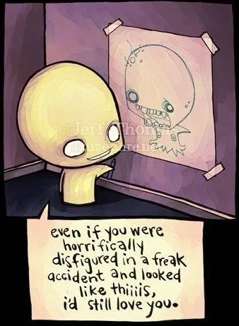 A yellow, bald cartoon character with large white eyes stares at a drawing taped to a wall. The drawing depicts a grotesque…
