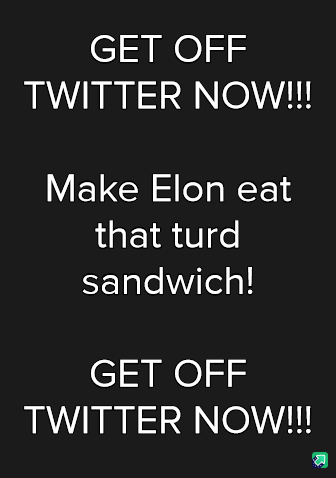 A black background with bold white text that reads 'GET OFF TWITTER NOW!!!', followed by 'Make Elon eat that turd…