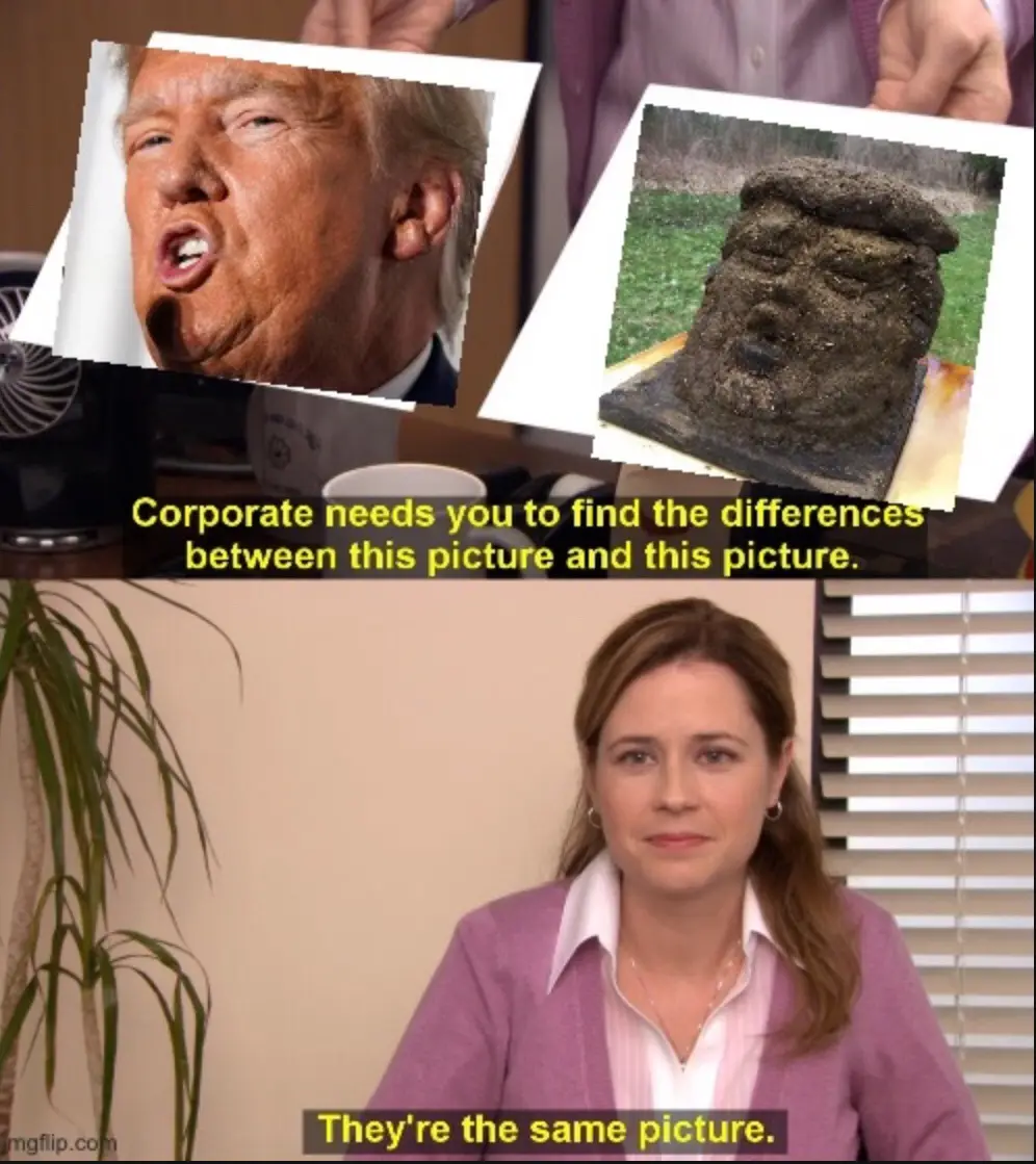 The image shows two side-by-side photos: one of Donald Trump with his mouth open, and the other of a dirt-covered sculpture…