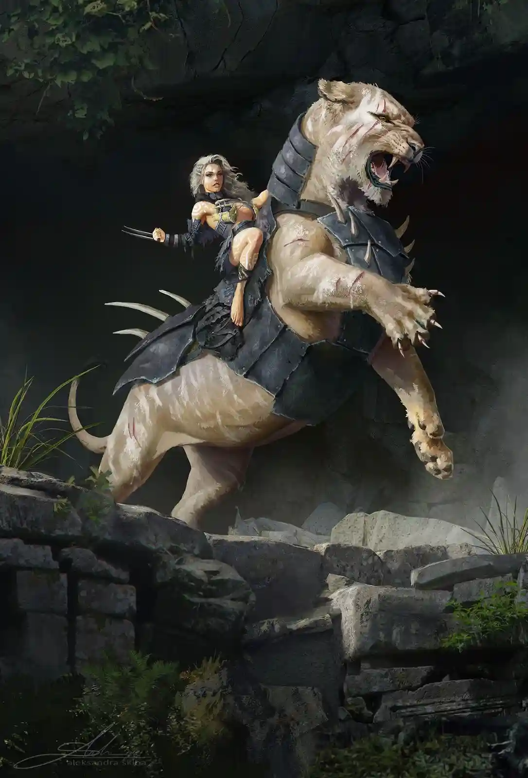 A woman with silver hair and claws rides a large, armored, snarling feline creature over rocky terrain. The creature has red…
