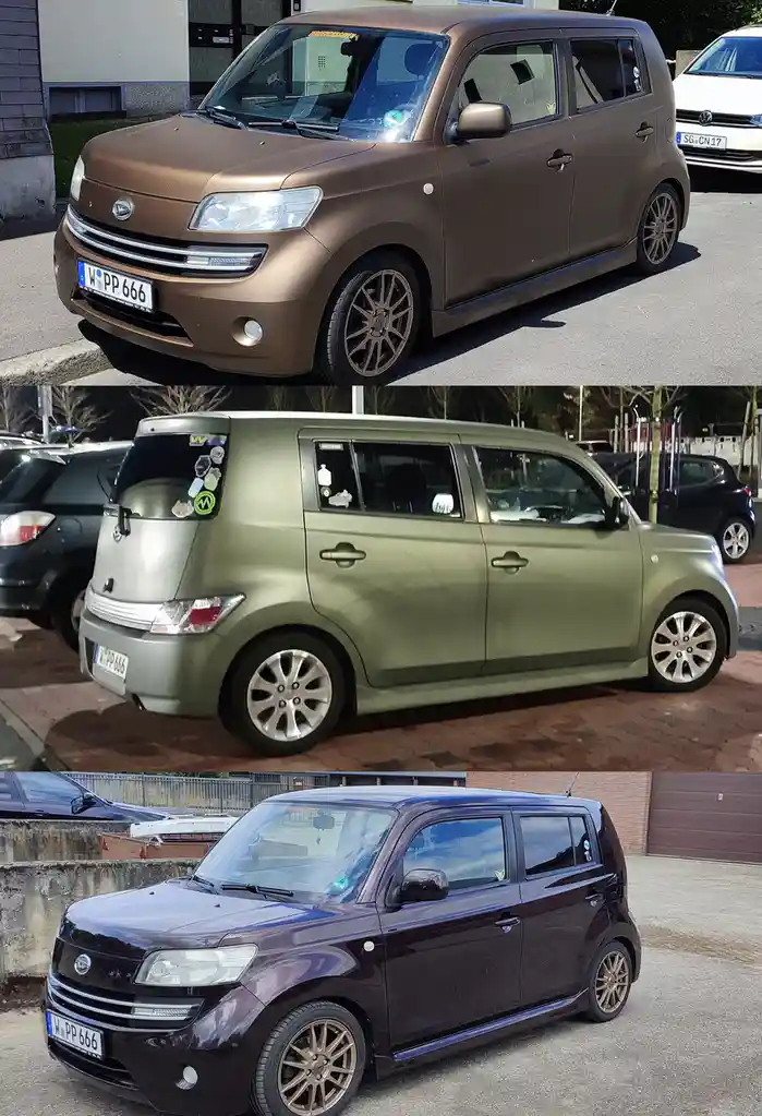 The image displays three photos of the same car, a Datsun Go, showing its paint transformation. The top photo shows it in a…