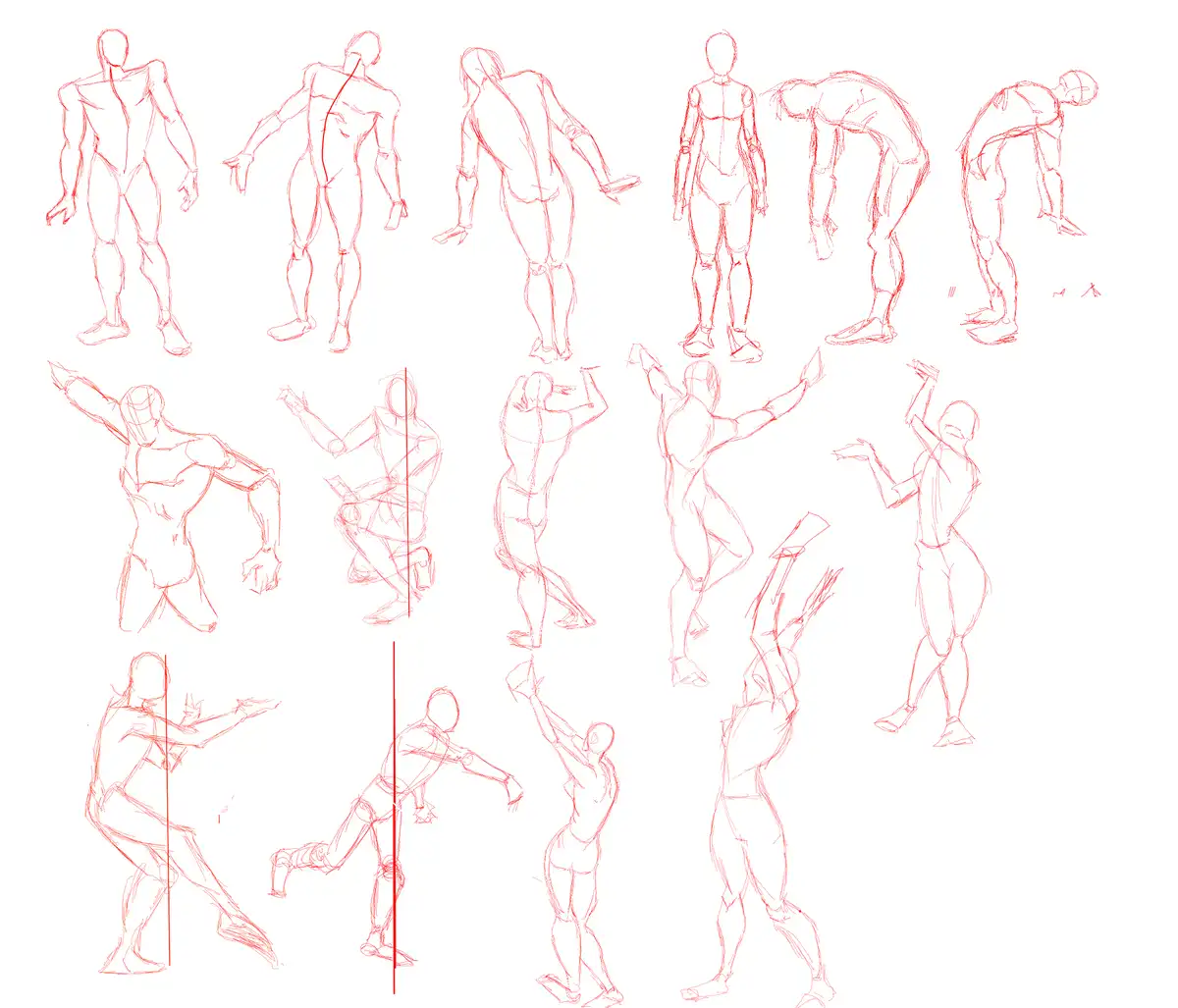The image displays a collection of red-line human figure sketches in various dynamic poses, including standing, bending…