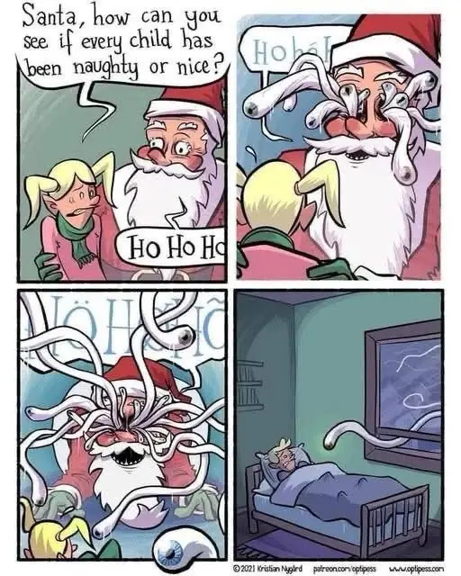 A four-panel comic strip shows a child asking Santa how he sees if children are naughty or nice. Santa's face is…