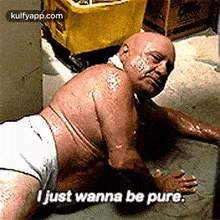 A bald man in white underwear is shown in six identical frames, lying on his stomach on a tiled floor with a yellow bucket…
