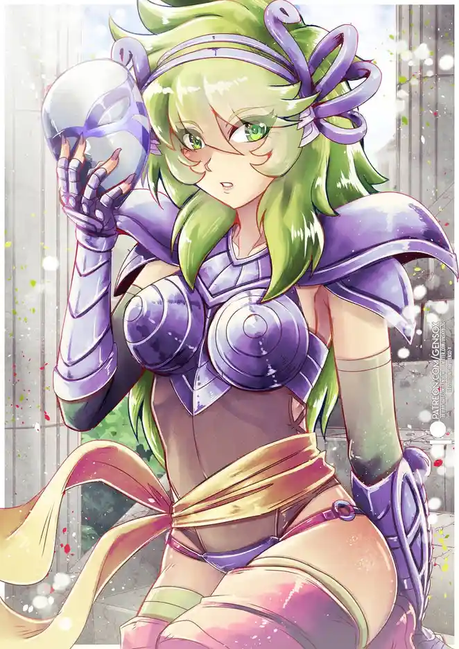 An anime-style illustration of a female warrior with green hair and purple armor holding a helmet. She has a slightly…