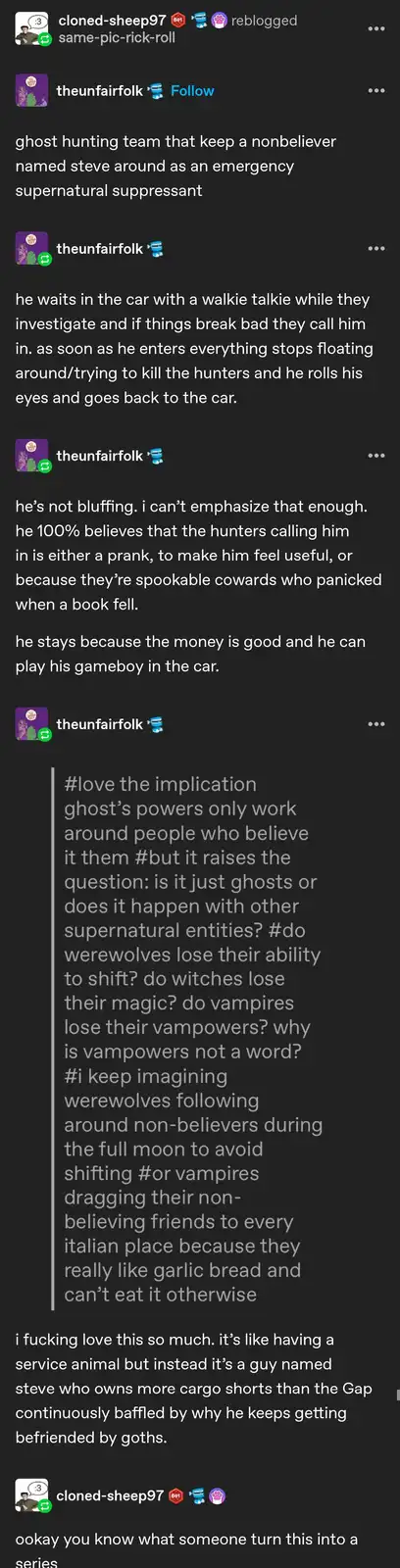The image displays a social media post with text describing a fictional ghost hunting team's use of a nonbeliever named…