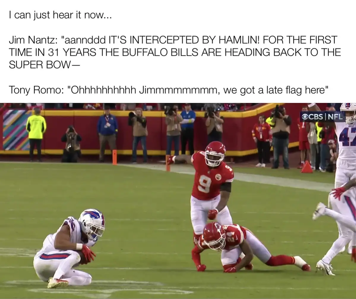 A still from an NFL game shows a Buffalo Bills player kneeling on the field while a Kansas City Chiefs player stands over…