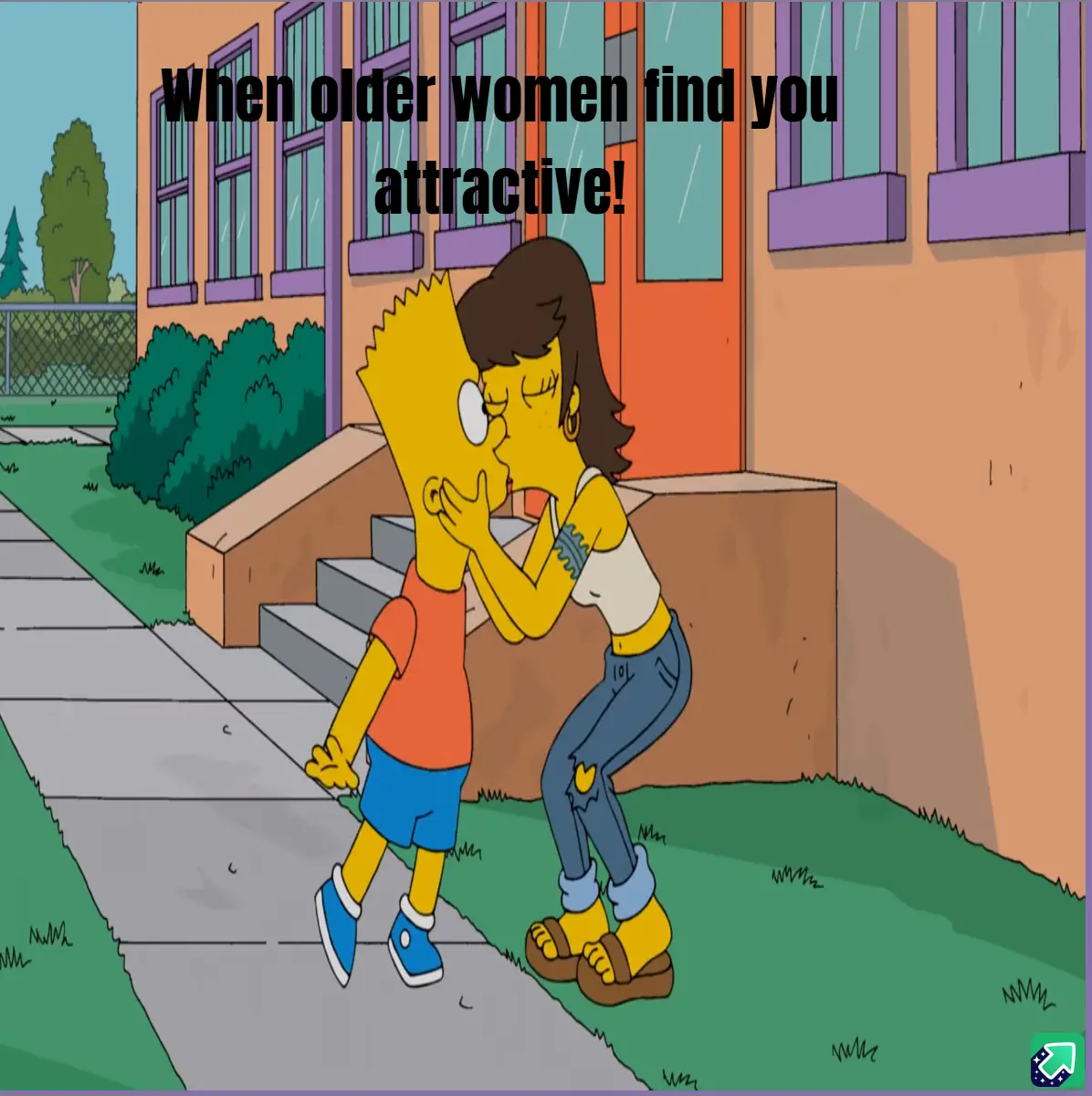 A cartoon image shows Bart Simpson being kissed on the cheek by an older woman while walking on a sidewalk in front of a…