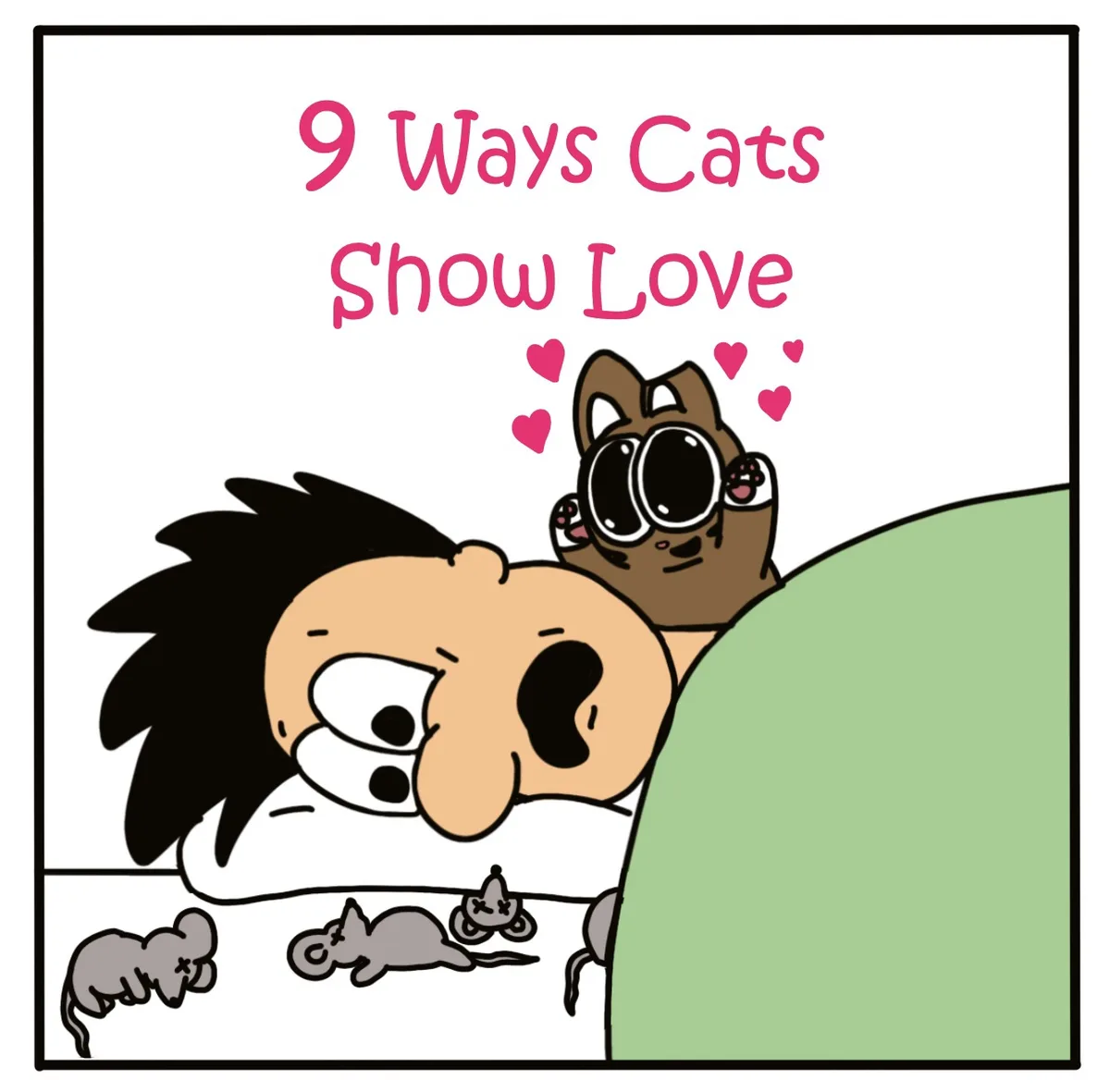 A cartoon cat with large round glasses peeks over a green blanket at a sleeping person with spiky black hair. Pink hearts…