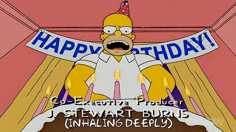 The image shows three panels of Homer Simpson at a birthday party, each with a 'HAPPY BIRTHDAY!' banner behind him. In the…