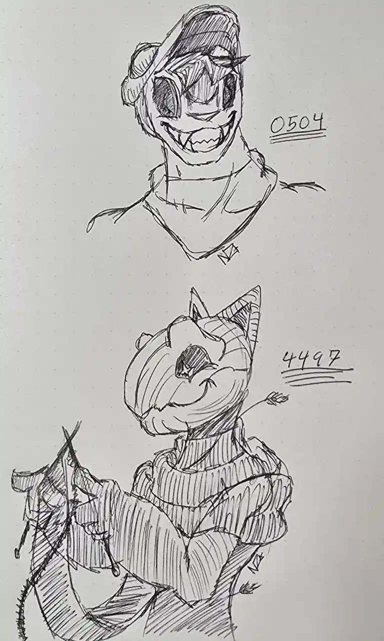 Two hand-drawn sketches show cartoonish characters with exaggerated expressions; the top one has a wide, toothy grin and the…